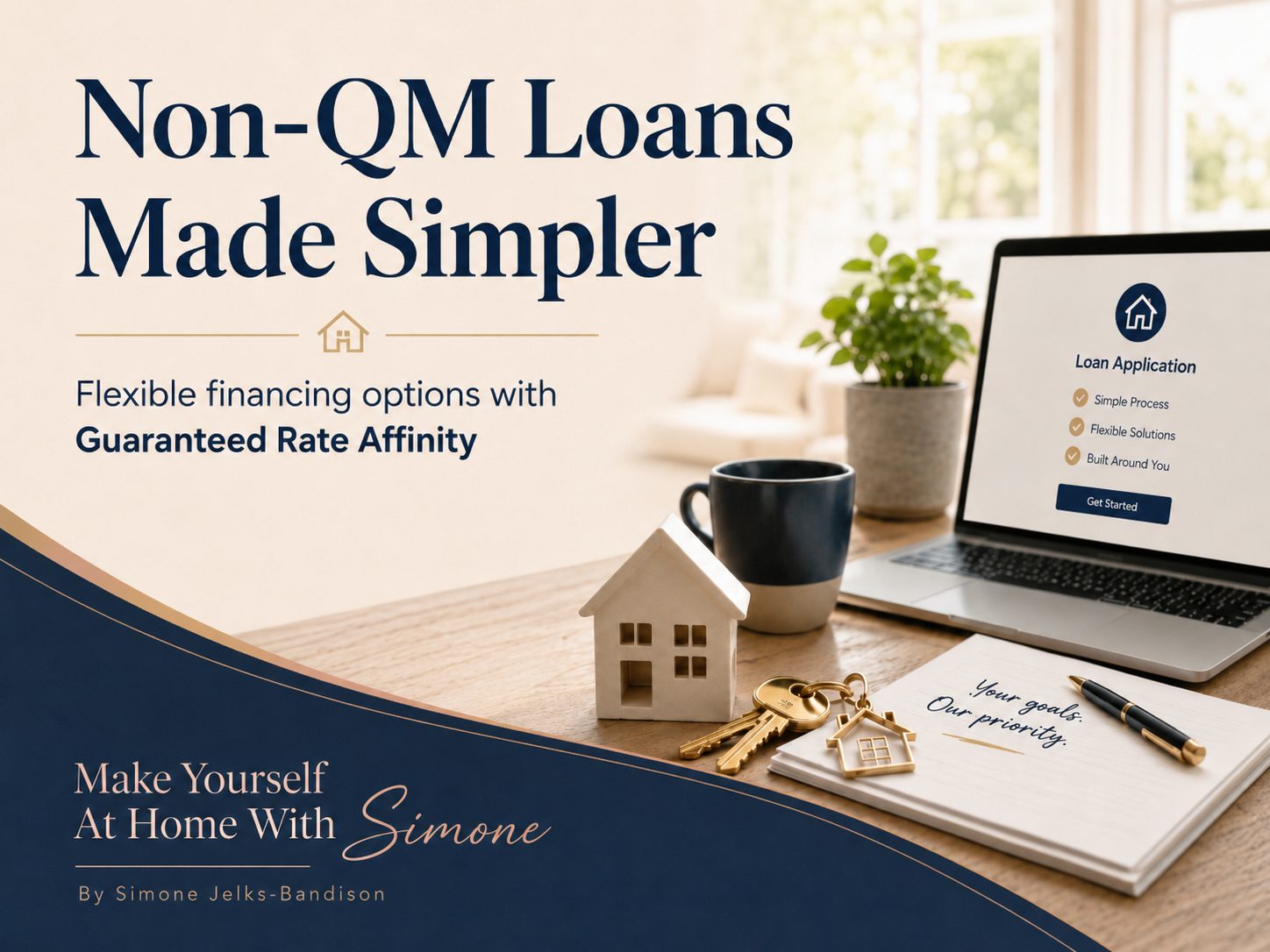 Non-QM loan blog graphic with home keys, loan application screen, and flexible financing theme