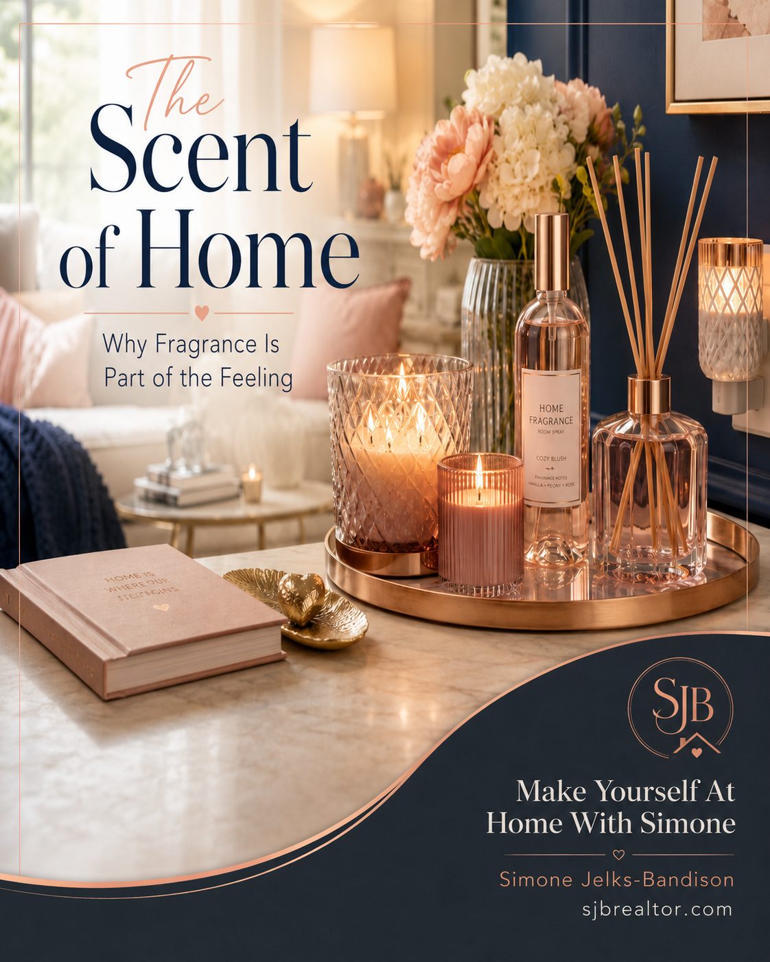 Elegant home fragrance display with candles, room spray, flowers, and warm home decor