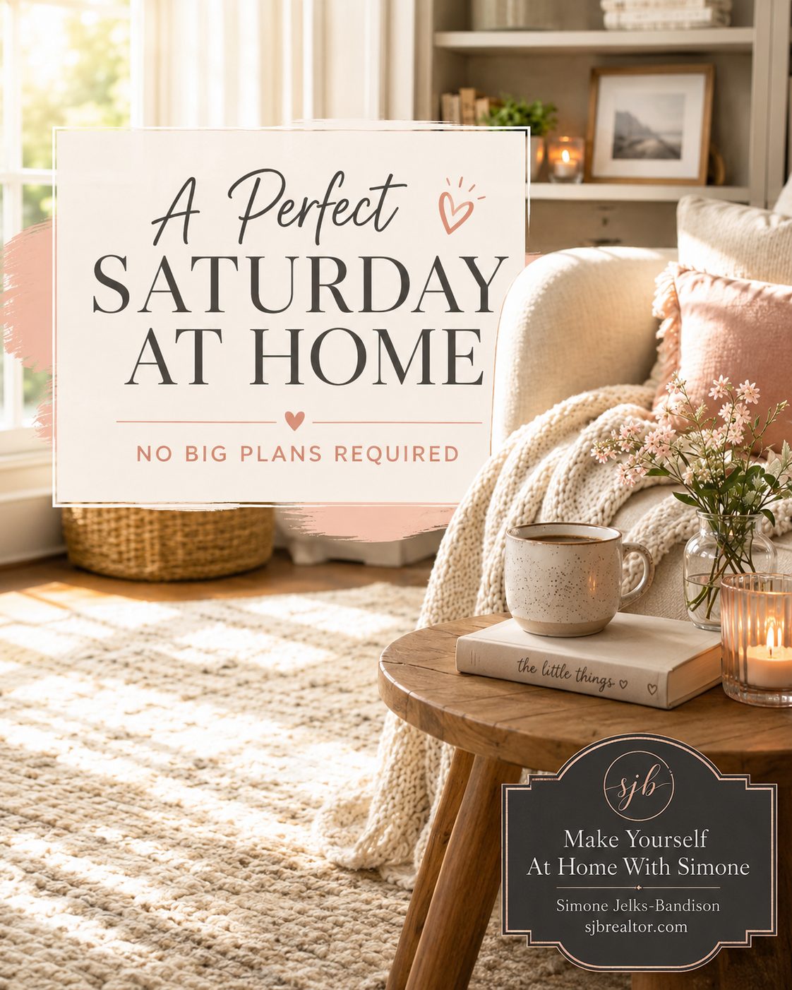 Cozy living room scene with coffee, flowers, candlelight, and soft home decor