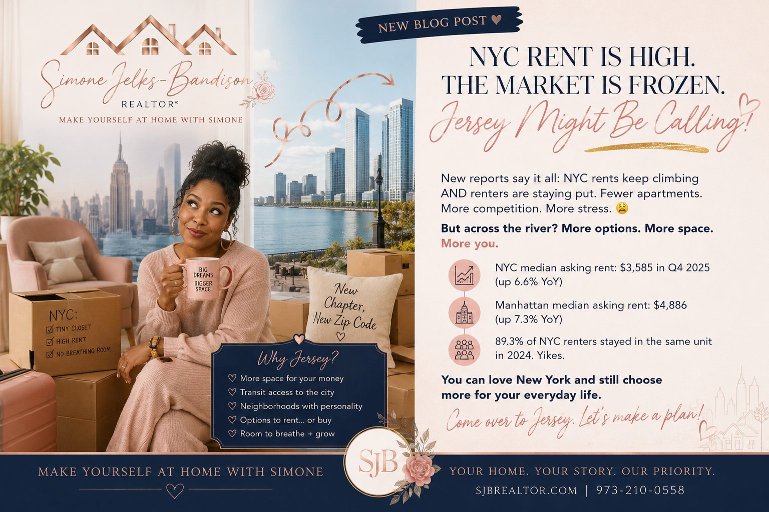 New York renter considering a move to New Jersey with moving boxes, city skyline views, and real estate branding